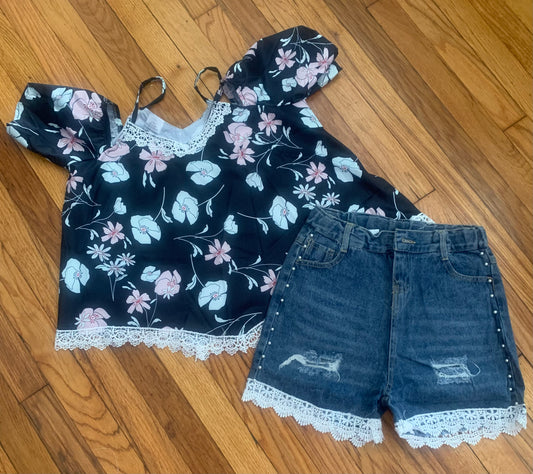 Floral and lace denim set