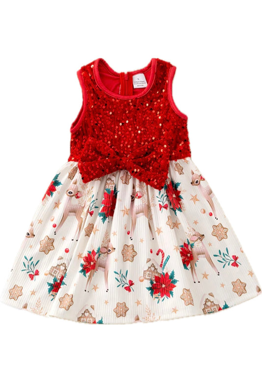 POINSETTIA & Reindeer  FLORAL DRESS with SEQUINS DETAILED TOP