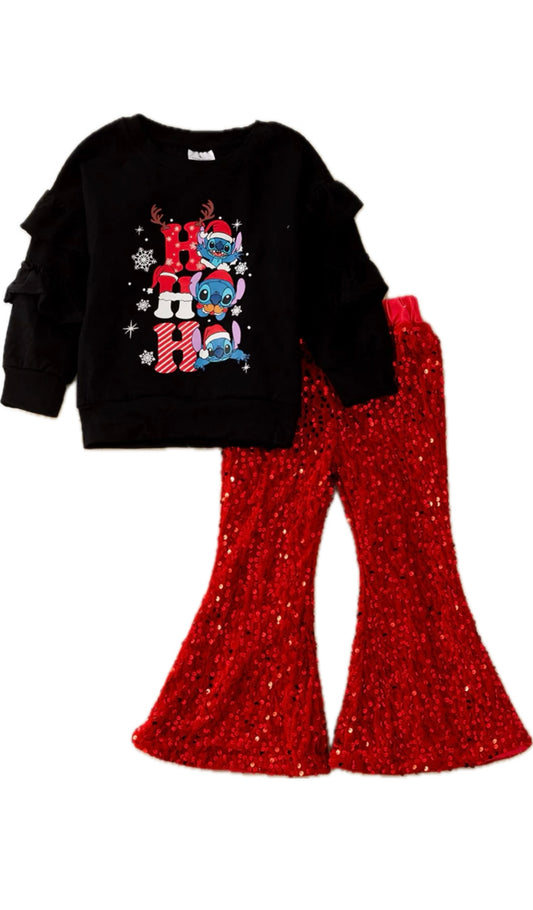 HO HO HO BLACK RUFFLE SLEEVE SWEATSHIRT & SEQUINS BOTTOMS