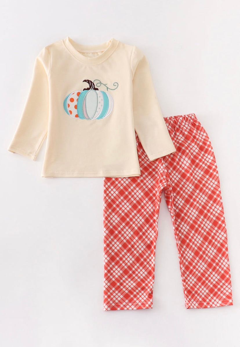 Pumpkin orange plaid pants set