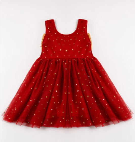 Red stars dress with  sequin gold bow